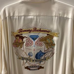 Tommy Bahama cream silk button down sort sleeve shirt  republic or relaxation
